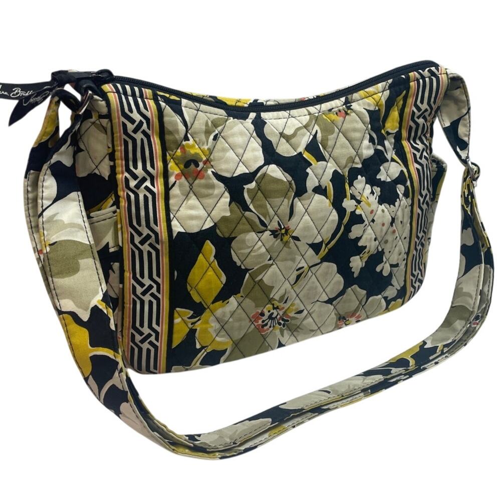 Vera Bradley Black Tan Yellow Magnolia Flower Adjustable Strap Center Zip Purse